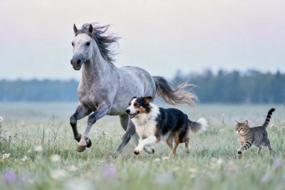 Pferd, Hund und Katze auf einer Wiese in Bewegung, Symbol für Vitalität und Tiergesundheit.